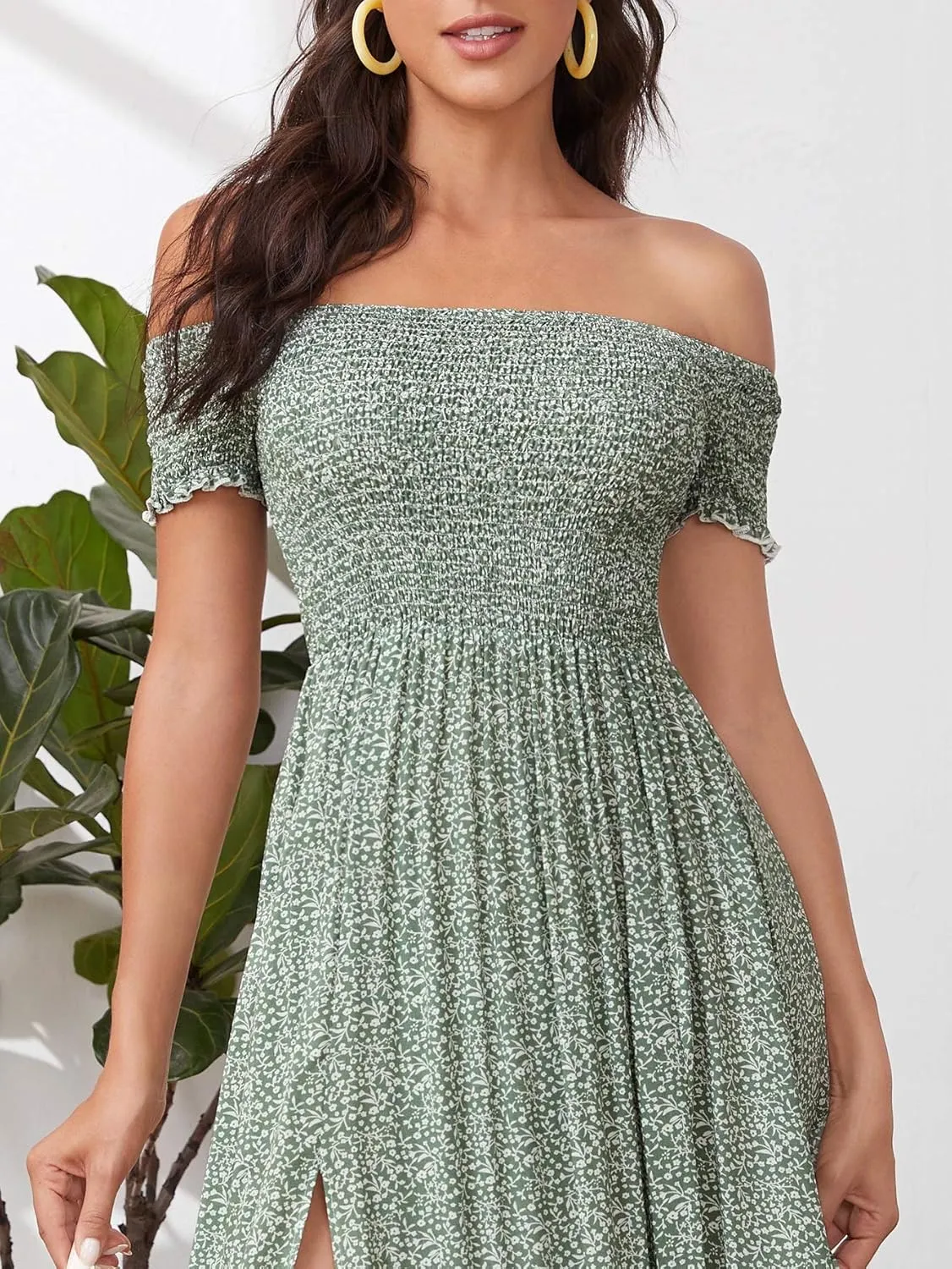 Floerns Women's Boho Floral Print Off Shoulder Split Long A Line Dress