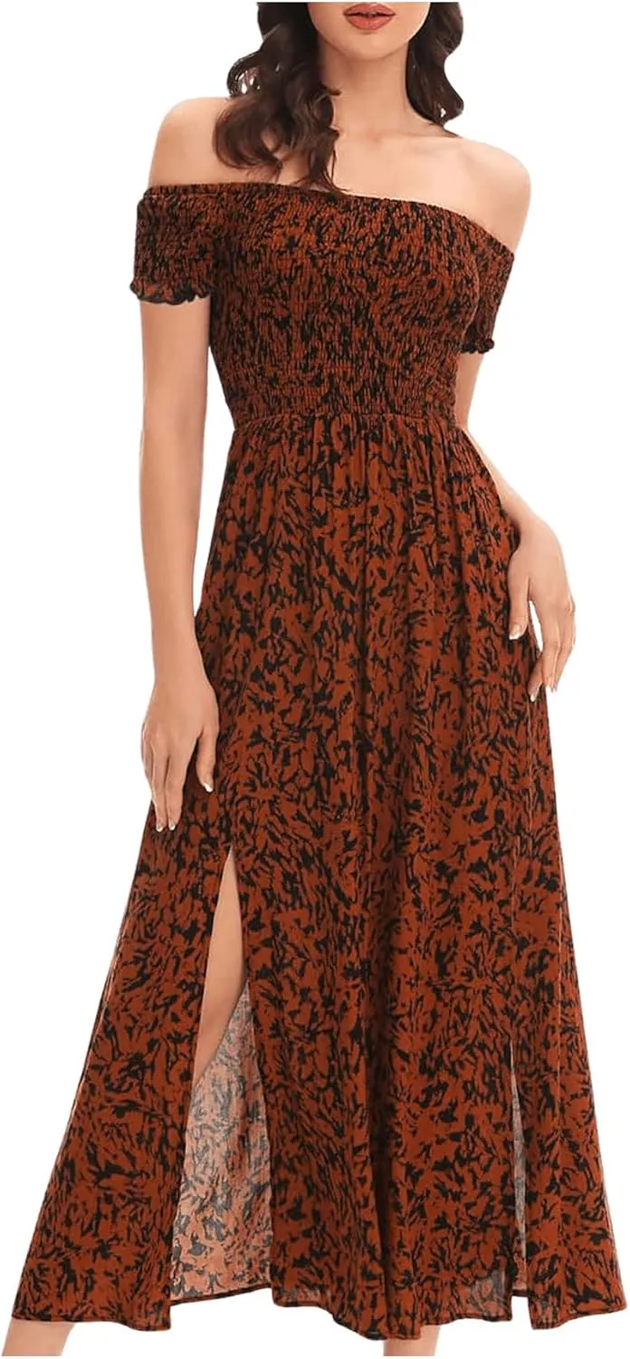 Floerns Women's Boho Floral Print Off Shoulder Split Long A Line Dress