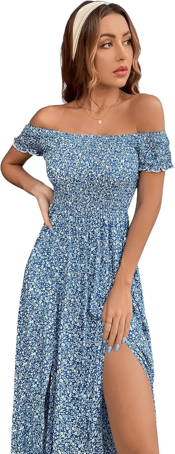 Floerns Women's Boho Floral Print Off Shoulder Split Long A Line Dress