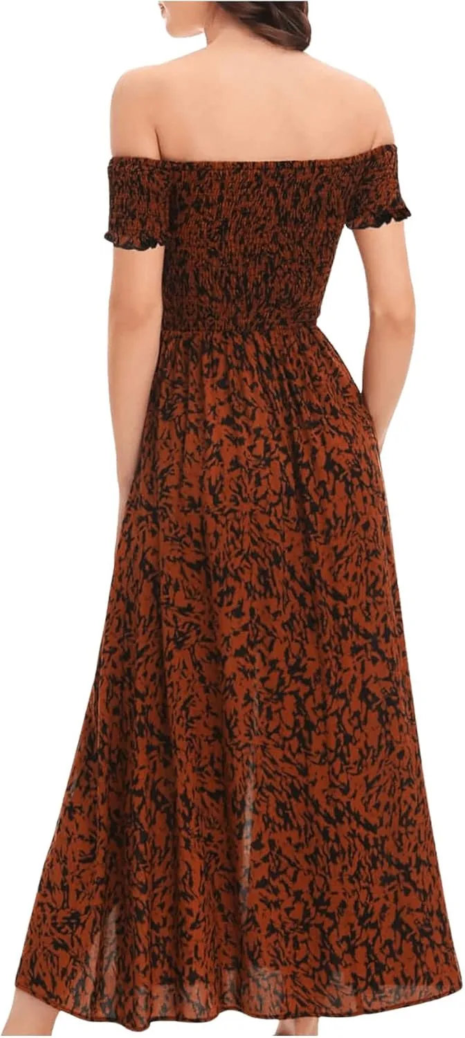 Floerns Women's Boho Floral Print Off Shoulder Split Long A Line Dress