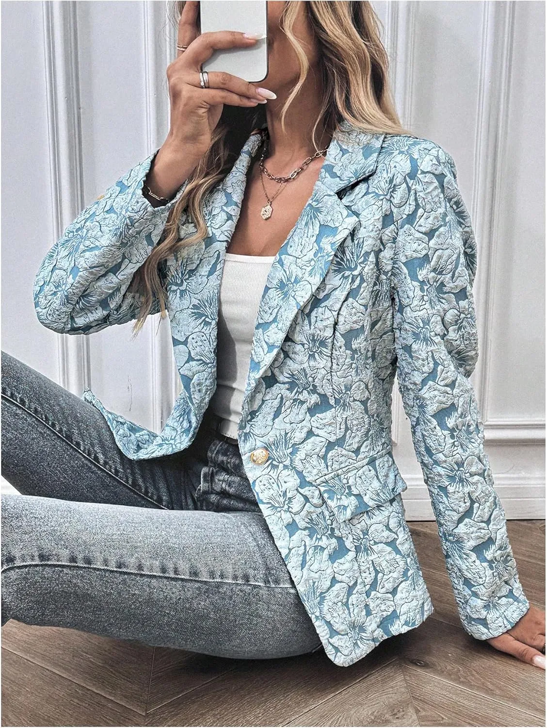 Floerns Women's Floral Jacquard Long Sleeve Blazers Open Front Work Suit Jackets