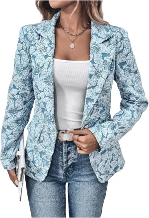 Floerns Women's Floral Jacquard Long Sleeve Blazers Open Front Work Suit Jackets