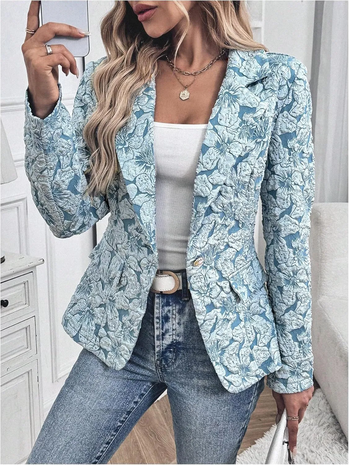 Floerns Women's Floral Jacquard Long Sleeve Blazers Open Front Work Suit Jackets