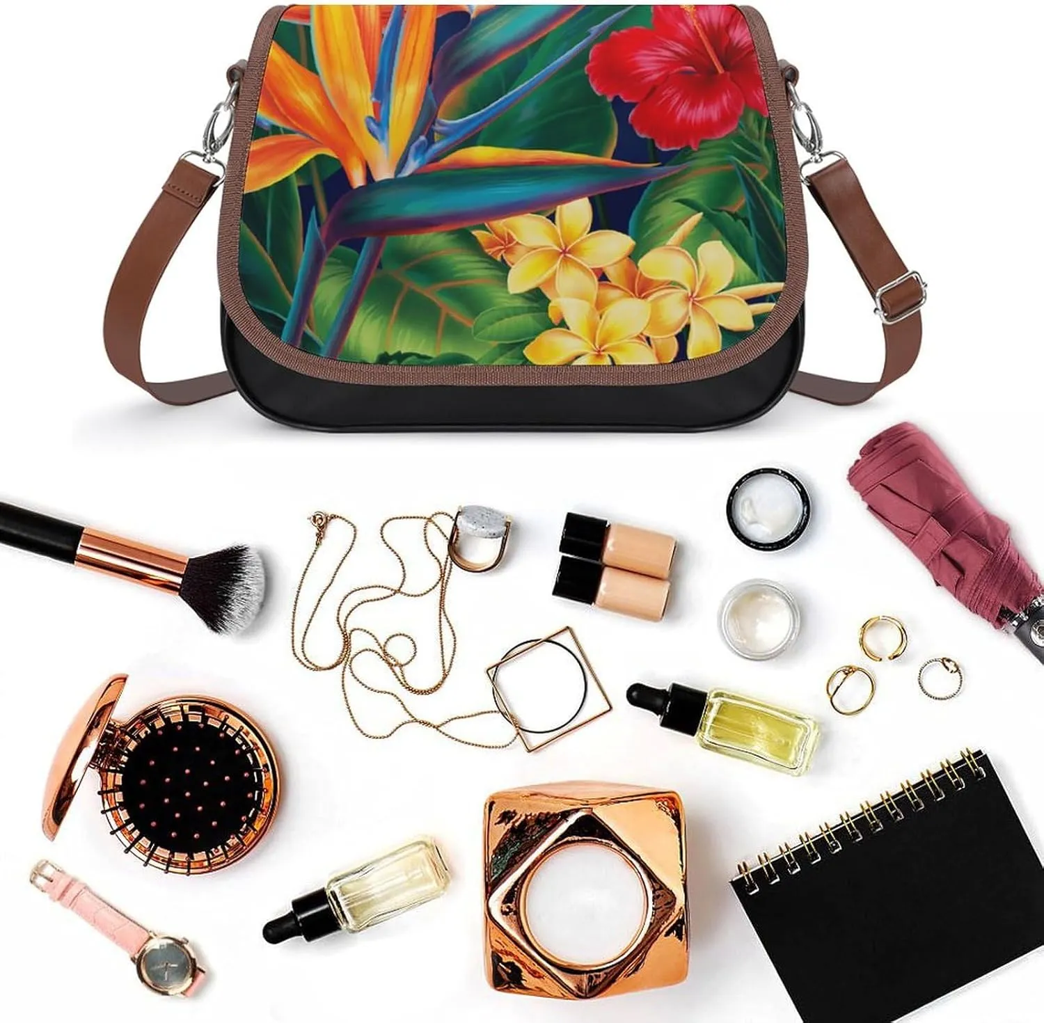 Floral Bird Tropical Paradise Hawaii Fashionable And Exquisite Shoulder Bag, Convenient Leather Crossbody Bag for Going Out