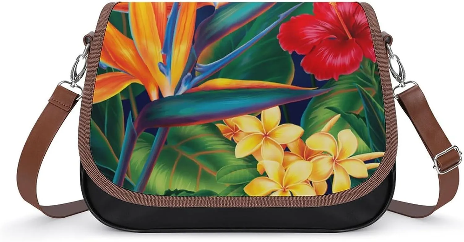 Floral Bird Tropical Paradise Hawaii Fashionable And Exquisite Shoulder Bag, Convenient Leather Crossbody Bag for Going Out
