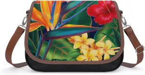 Floral Bird Tropical Paradise Hawaii Fashionable And Exquisite Shoulder Bag, Convenient Leather Crossbody Bag for Going Out
