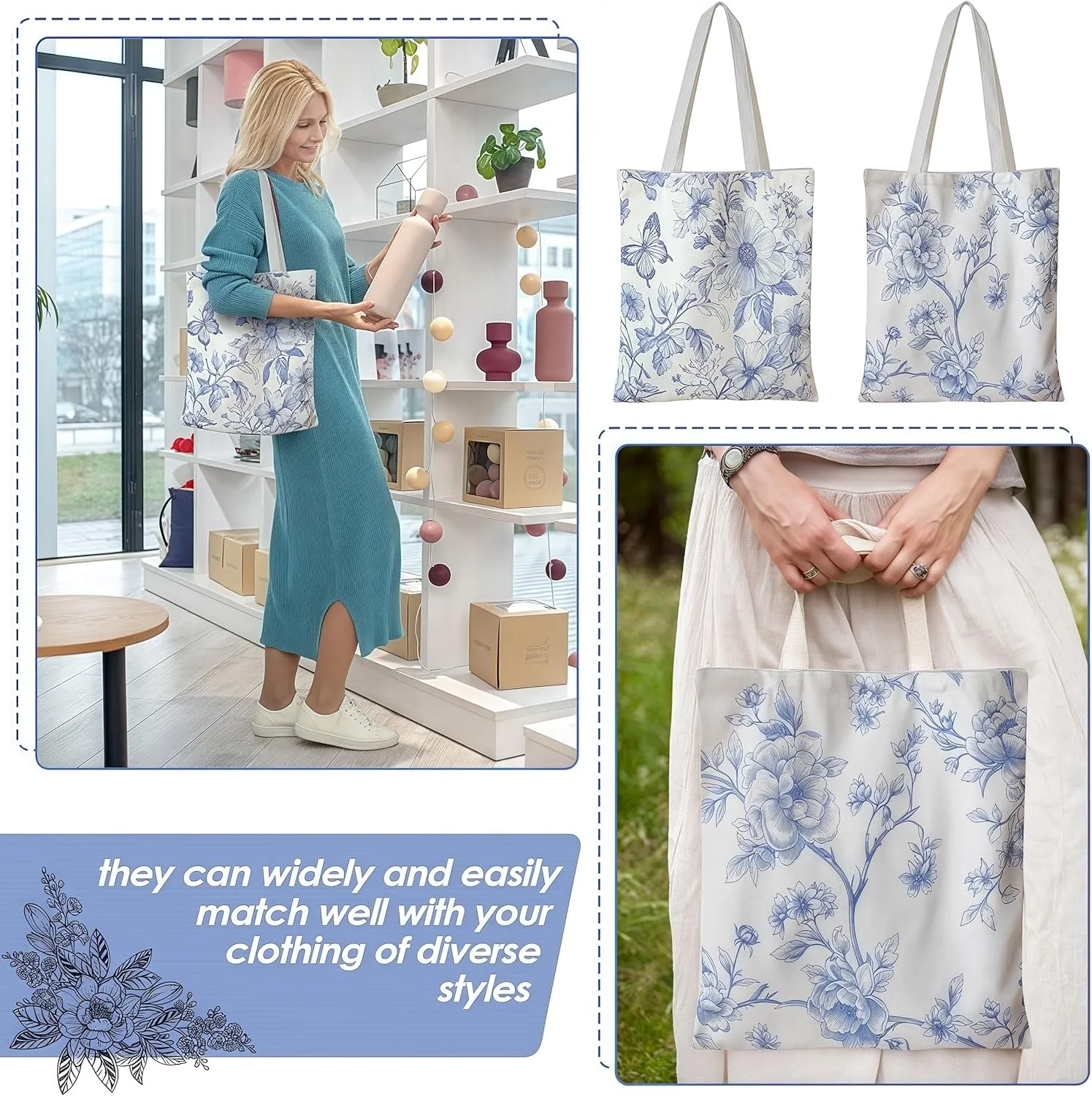Floral Canvas Tote Bag for Women Chinoiserie Tote Bag Aesthetic Reusable Grocery Bags for Travel Shopping