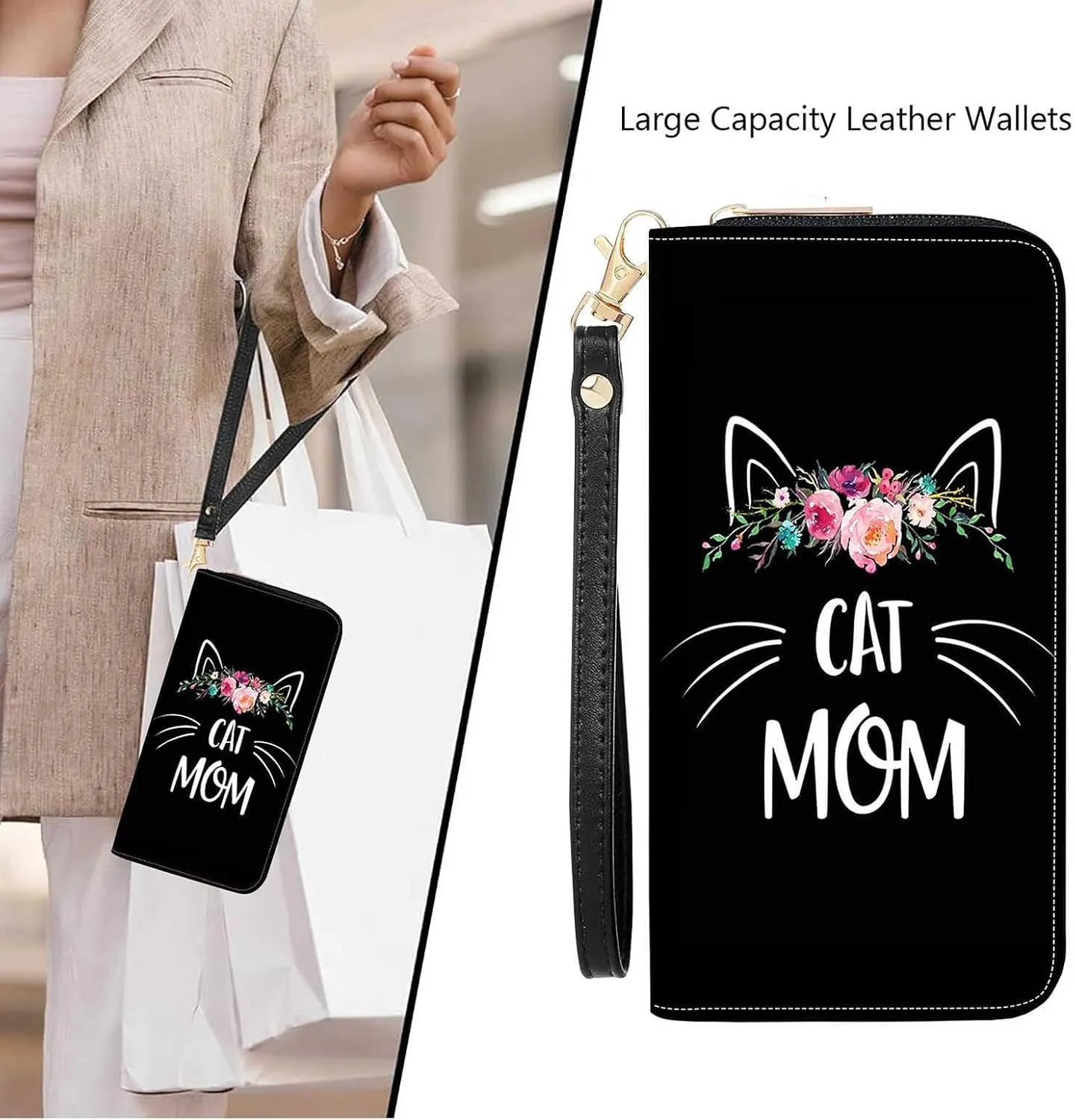Floral Cat Mom Print Women Large Capacity Wallet PU Leather Zipper Clutch Purse for Smart Phone/Card/Coin/Cash