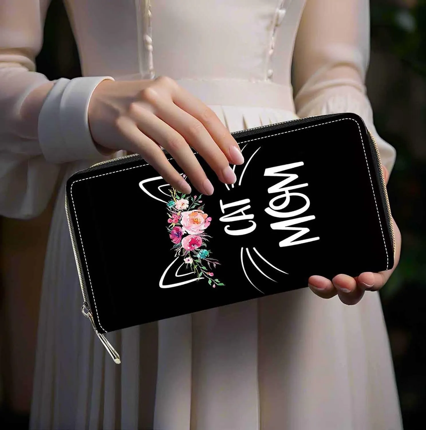 Floral Cat Mom Print Women Large Capacity Wallet PU Leather Zipper Clutch Purse for Smart Phone/Card/Coin/Cash