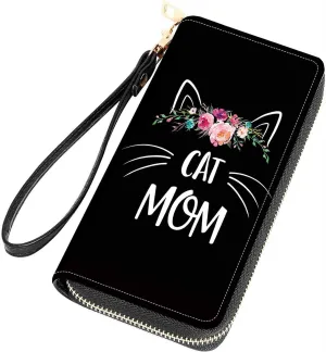 Floral Cat Mom Print Women Large Capacity Wallet PU Leather Zipper Clutch Purse for Smart Phone/Card/Coin/Cash