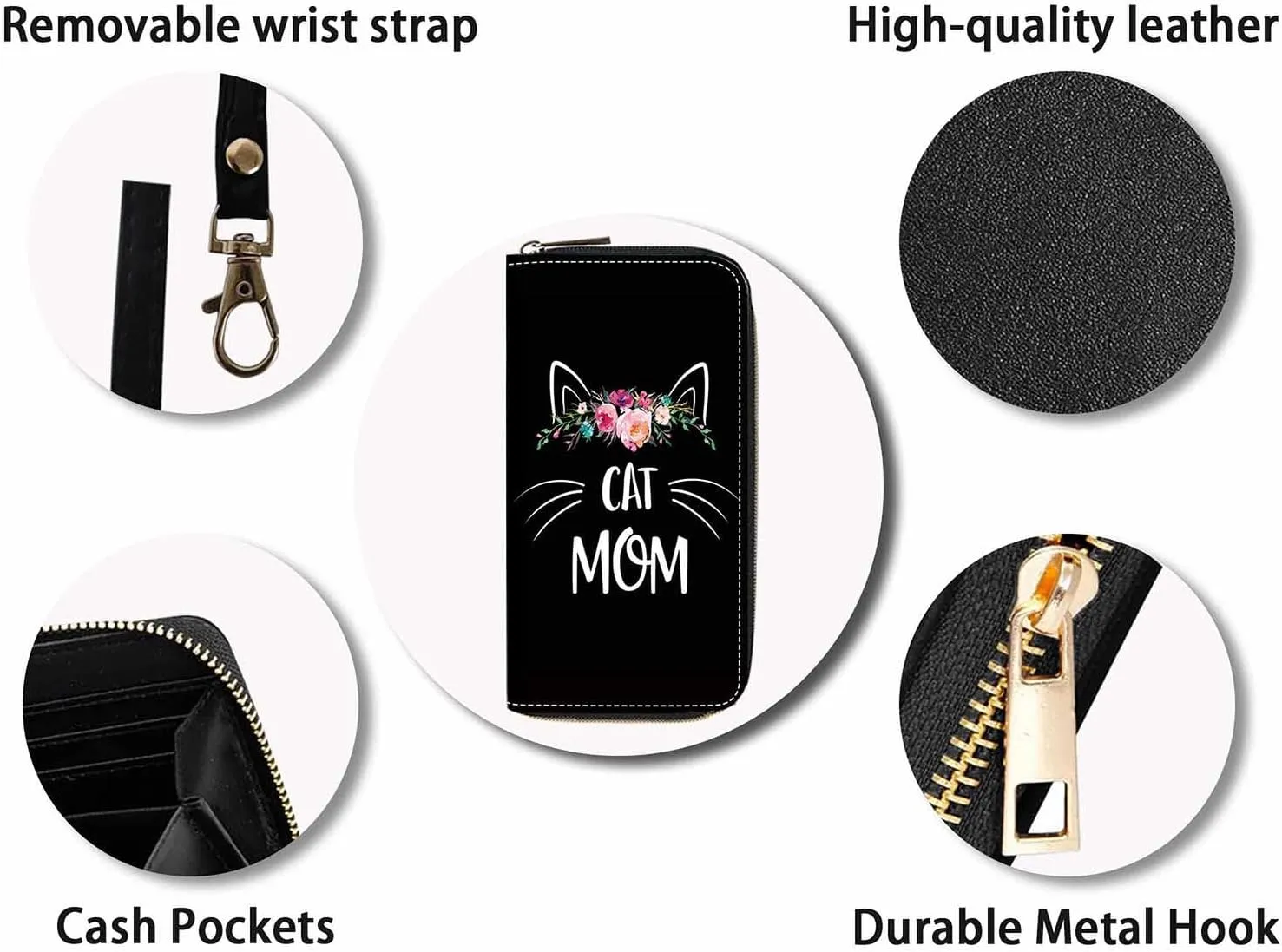 Floral Cat Mom Print Women Large Capacity Wallet PU Leather Zipper Clutch Purse for Smart Phone/Card/Coin/Cash