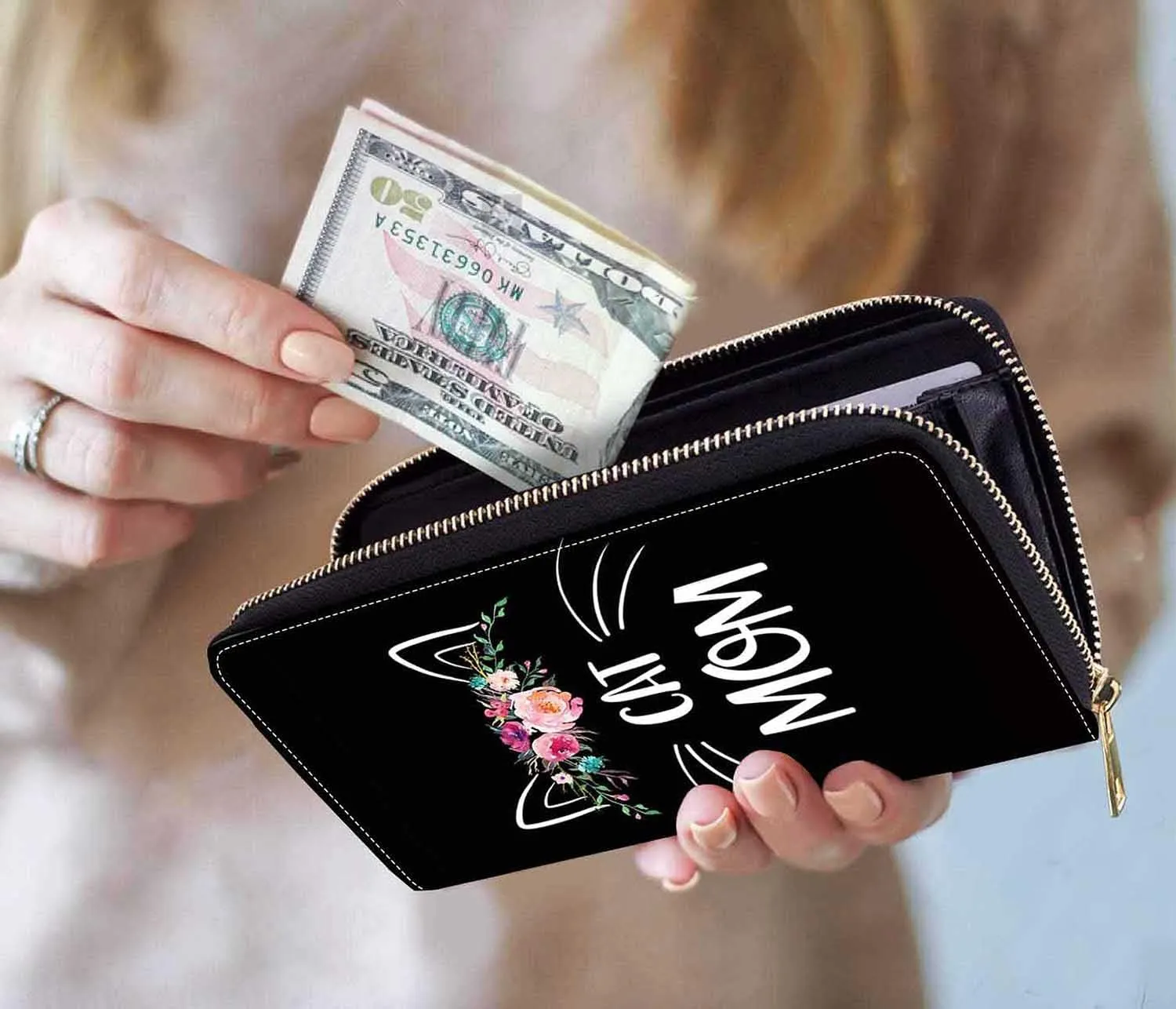Floral Cat Mom Print Women Large Capacity Wallet PU Leather Zipper Clutch Purse for Smart Phone/Card/Coin/Cash