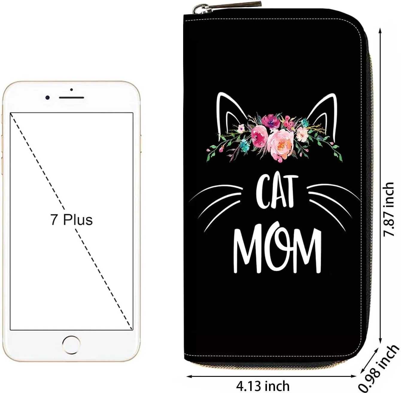 Floral Cat Mom Print Women Large Capacity Wallet PU Leather Zipper Clutch Purse for Smart Phone/Card/Coin/Cash
