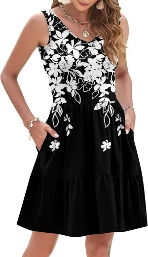 Floral Dress for Women V Neck Sleeveless Sundress Retro Boho A-Line Swing Pleated Tiered Ruffle Dress