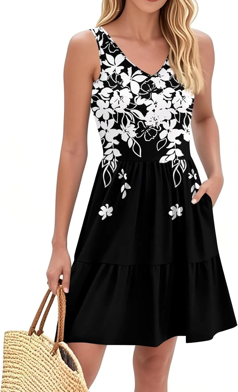 Floral Dress for Women V Neck Sleeveless Sundress Retro Boho A-Line Swing Pleated Tiered Ruffle Dress