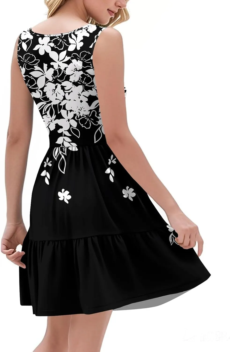 Floral Dress for Women V Neck Sleeveless Sundress Retro Boho A-Line Swing Pleated Tiered Ruffle Dress