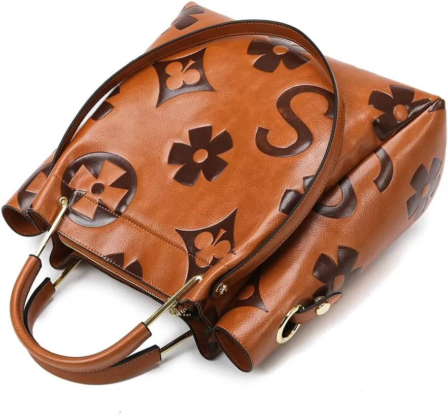 Floral Embossed Tote Bag,Bucket Purse Top Handle Crossbody Clutch Large Vegan Leather Hobo Trendy Designer Handbag for Women