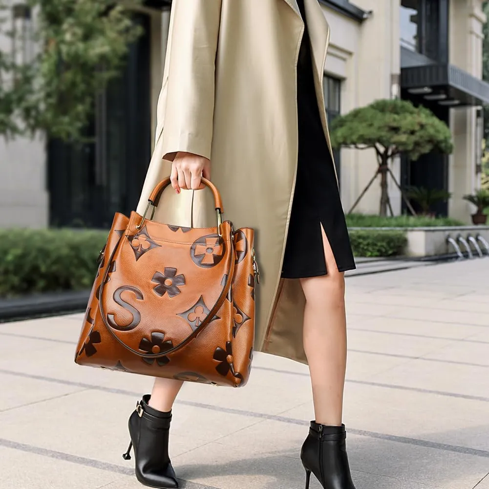 Floral Embossed Tote Bag,Bucket Purse Top Handle Crossbody Clutch Large Vegan Leather Hobo Trendy Designer Handbag for Women