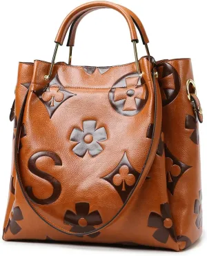 Floral Embossed Tote Bag,Bucket Purse Top Handle Crossbody Clutch Large Vegan Leather Hobo Trendy Designer Handbag for Women