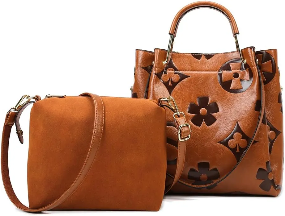 Floral Embossed Tote Bag,Bucket Purse Top Handle Crossbody Clutch Large Vegan Leather Hobo Trendy Designer Handbag for Women