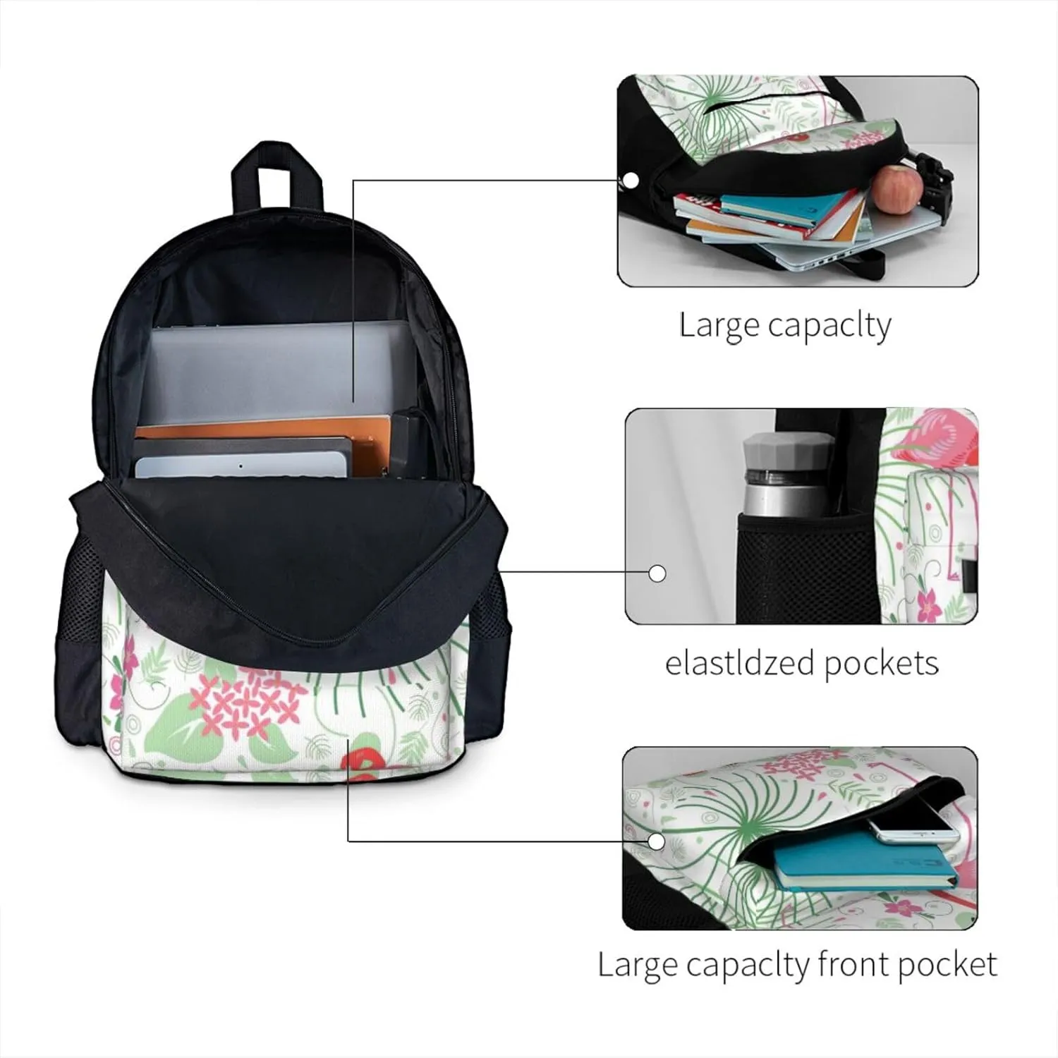 Floral Flamingo Botany Print Storage Bag, Shoulder Bag, Leisure Bag, Large Capacity Leisure Travel Shoulder Bag