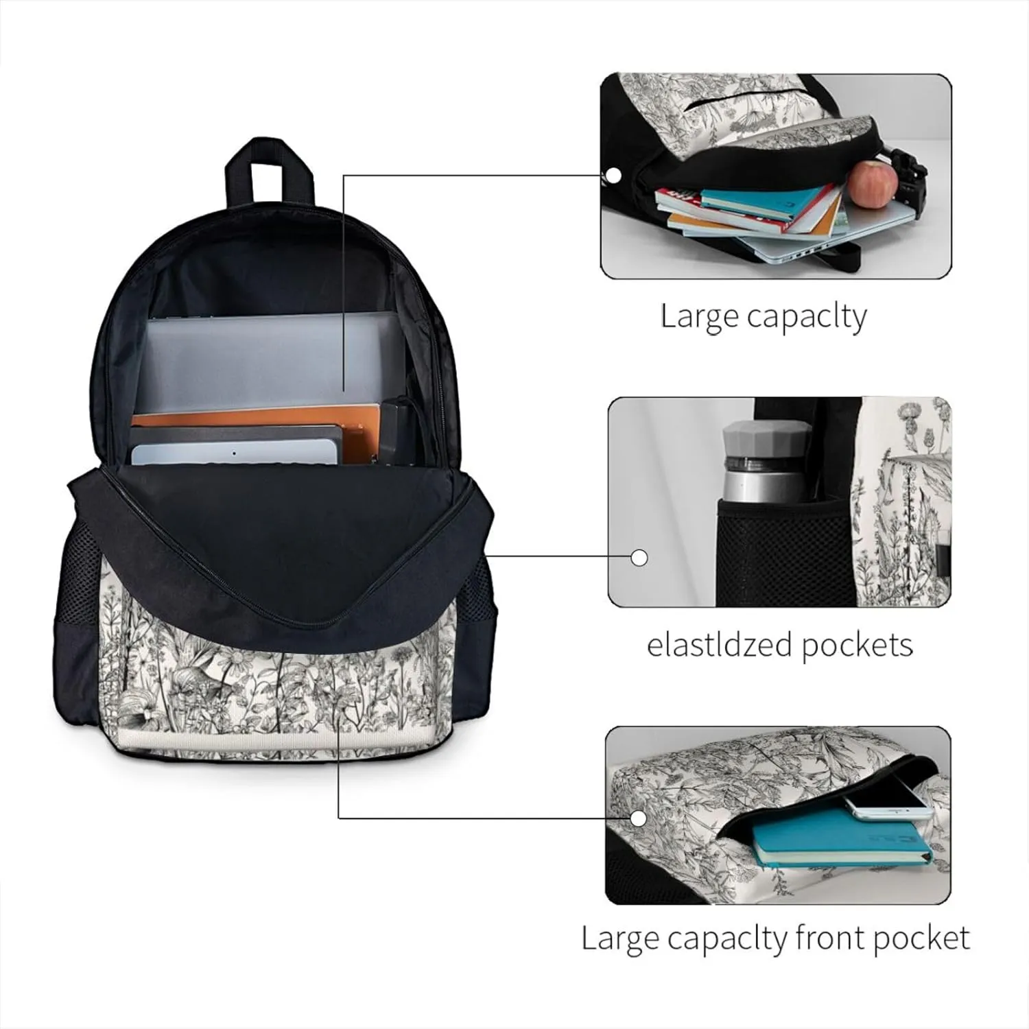 Floral Herbs Botanical Engraving Print Storage Bag, Shoulder Bag, Leisure Bag, Large Capacity Leisure Travel Shoulder Bag