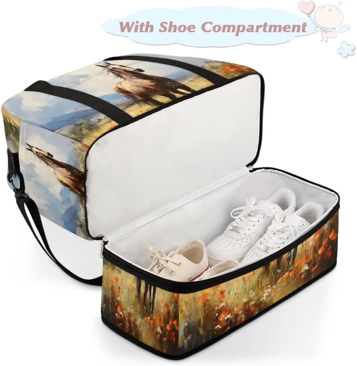 Floral Horse Pattern Foldable Travel Duffel Bag Overnight Weekender Bag with Shoes Compartment Sports Gym Bag for Men Women