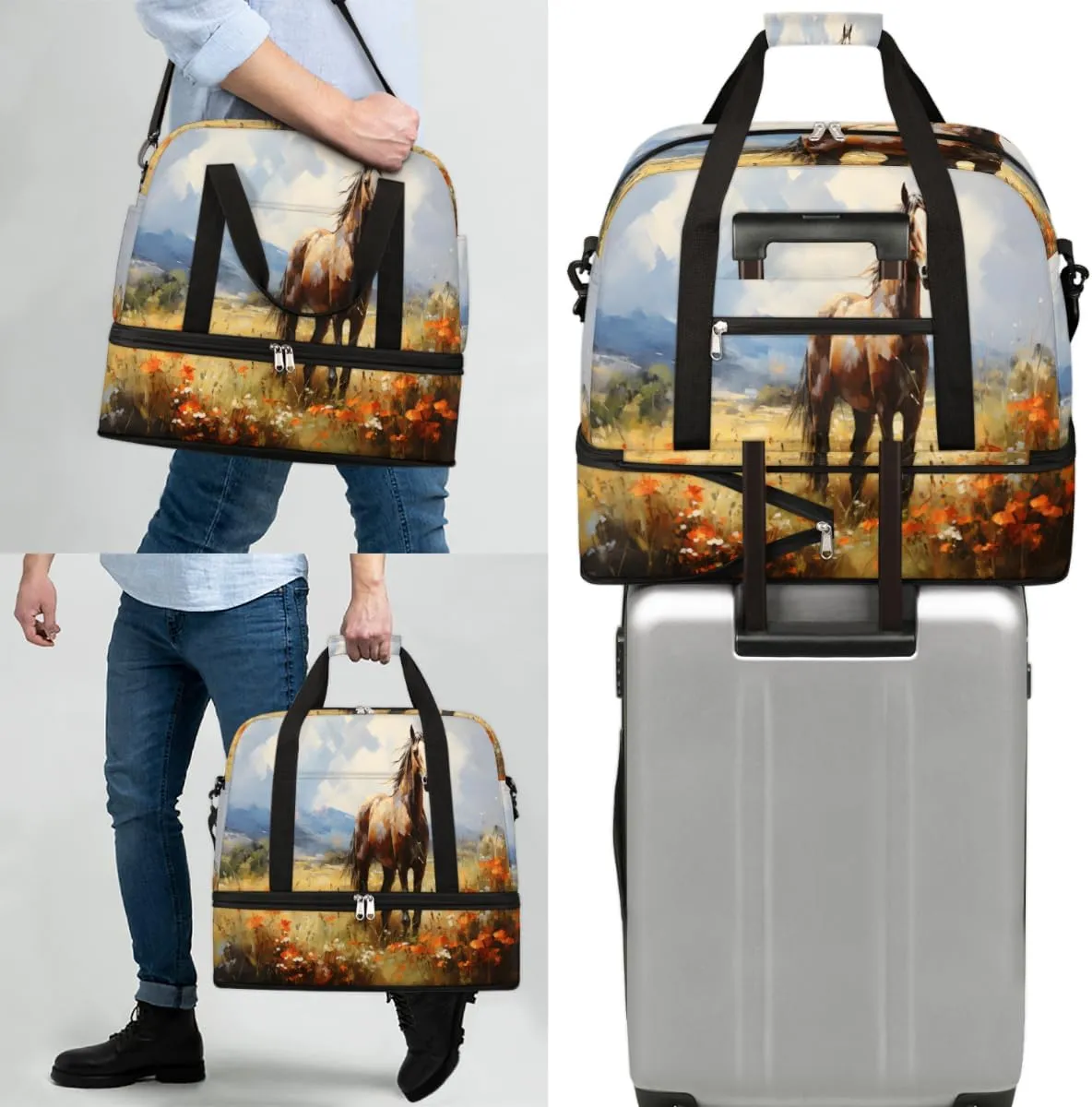 Floral Horse Pattern Foldable Travel Duffel Bag Overnight Weekender Bag with Shoes Compartment Sports Gym Bag for Men Women