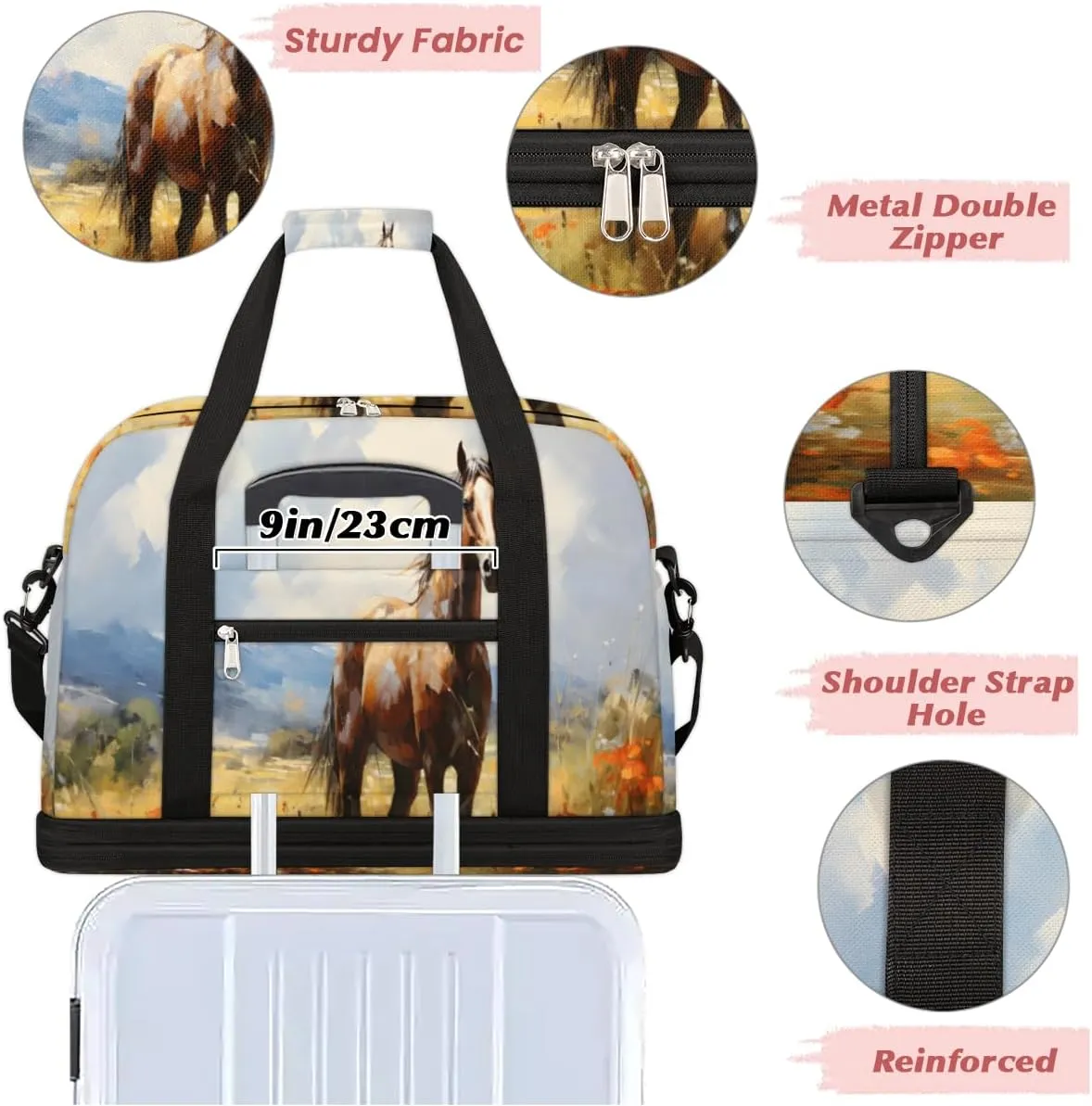 Floral Horse Pattern Foldable Travel Duffel Bag Overnight Weekender Bag with Shoes Compartment Sports Gym Bag for Men Women