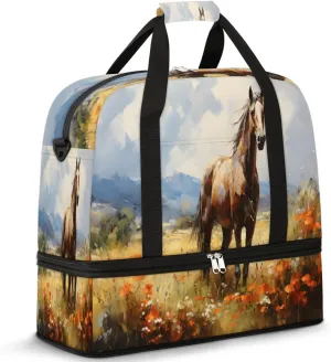 Floral Horse Pattern Foldable Travel Duffel Bag Overnight Weekender Bag with Shoes Compartment Sports Gym Bag for Men Women