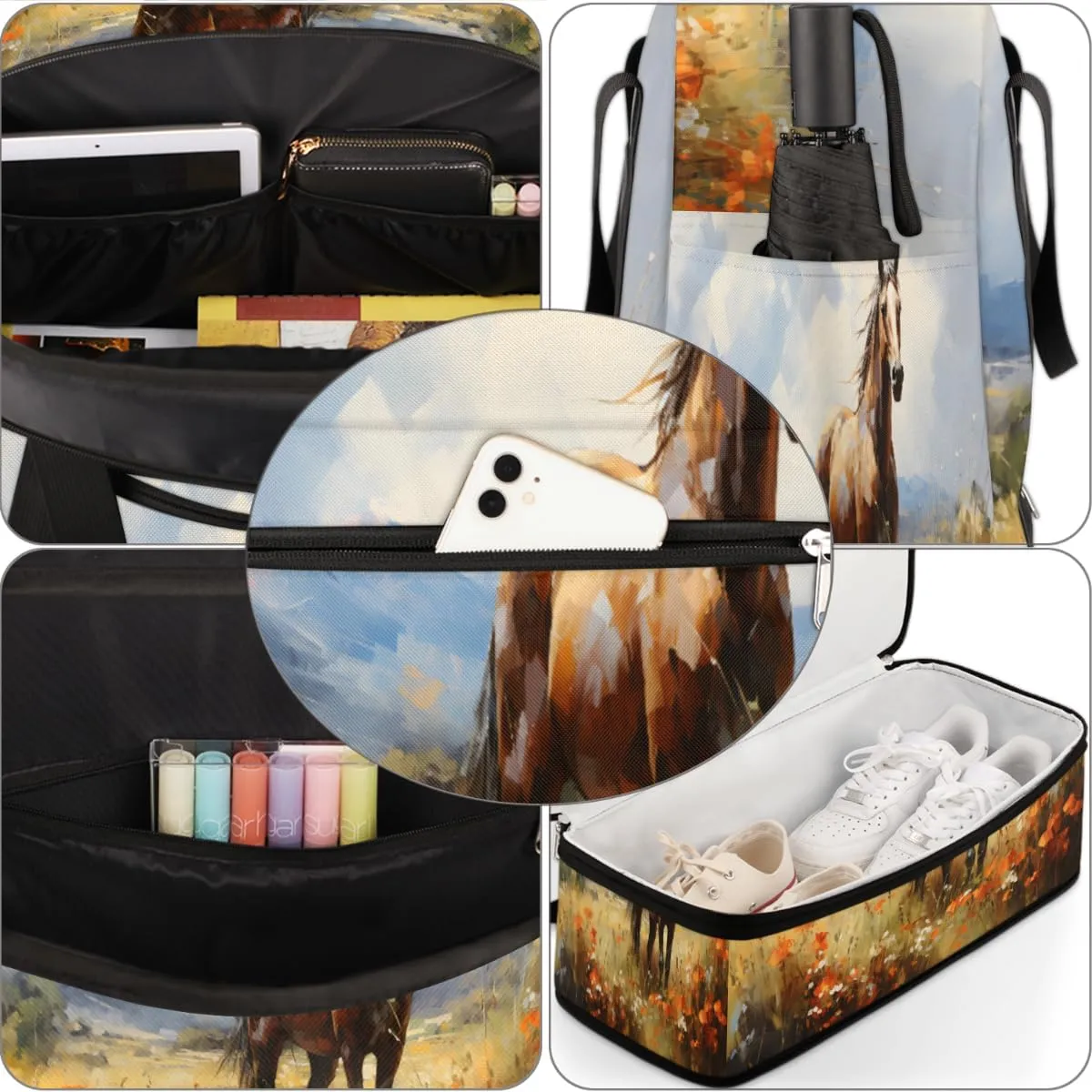 Floral Horse Pattern Foldable Travel Duffel Bag Overnight Weekender Bag with Shoes Compartment Sports Gym Bag for Men Women