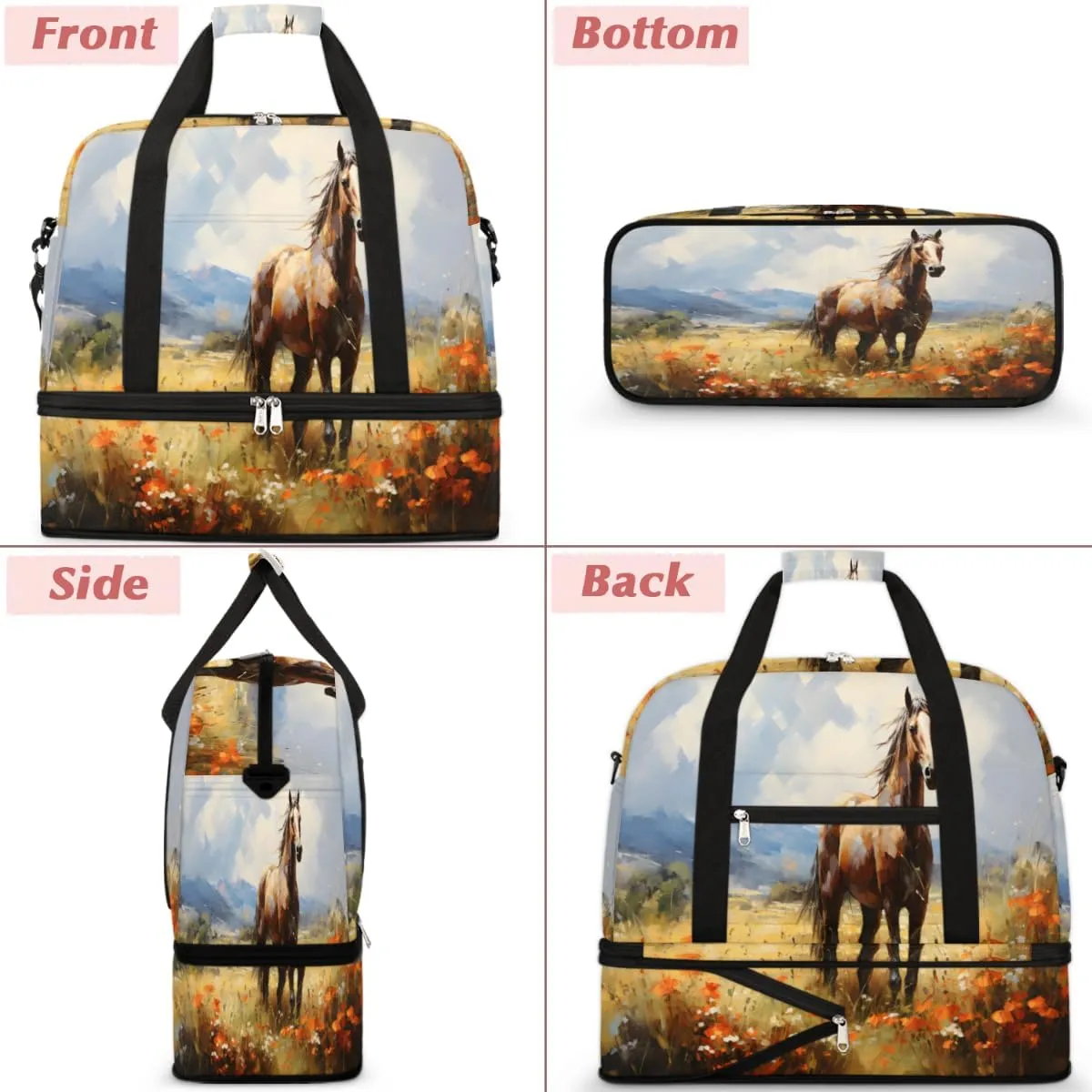 Floral Horse Pattern Foldable Travel Duffel Bag Overnight Weekender Bag with Shoes Compartment Sports Gym Bag for Men Women