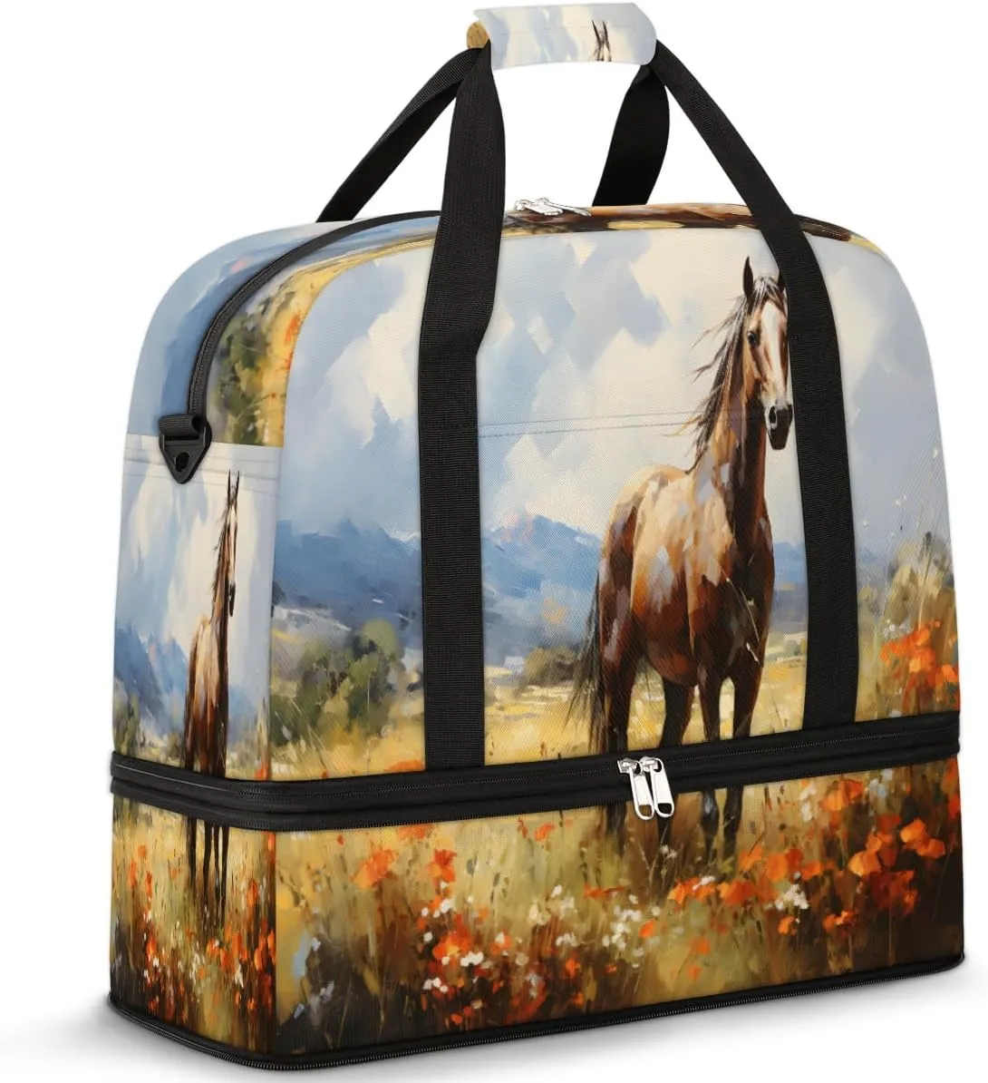 Floral Horse Pattern Foldable Travel Duffel Bag Overnight Weekender Bag with Shoes Compartment Sports Gym Bag for Men Women
