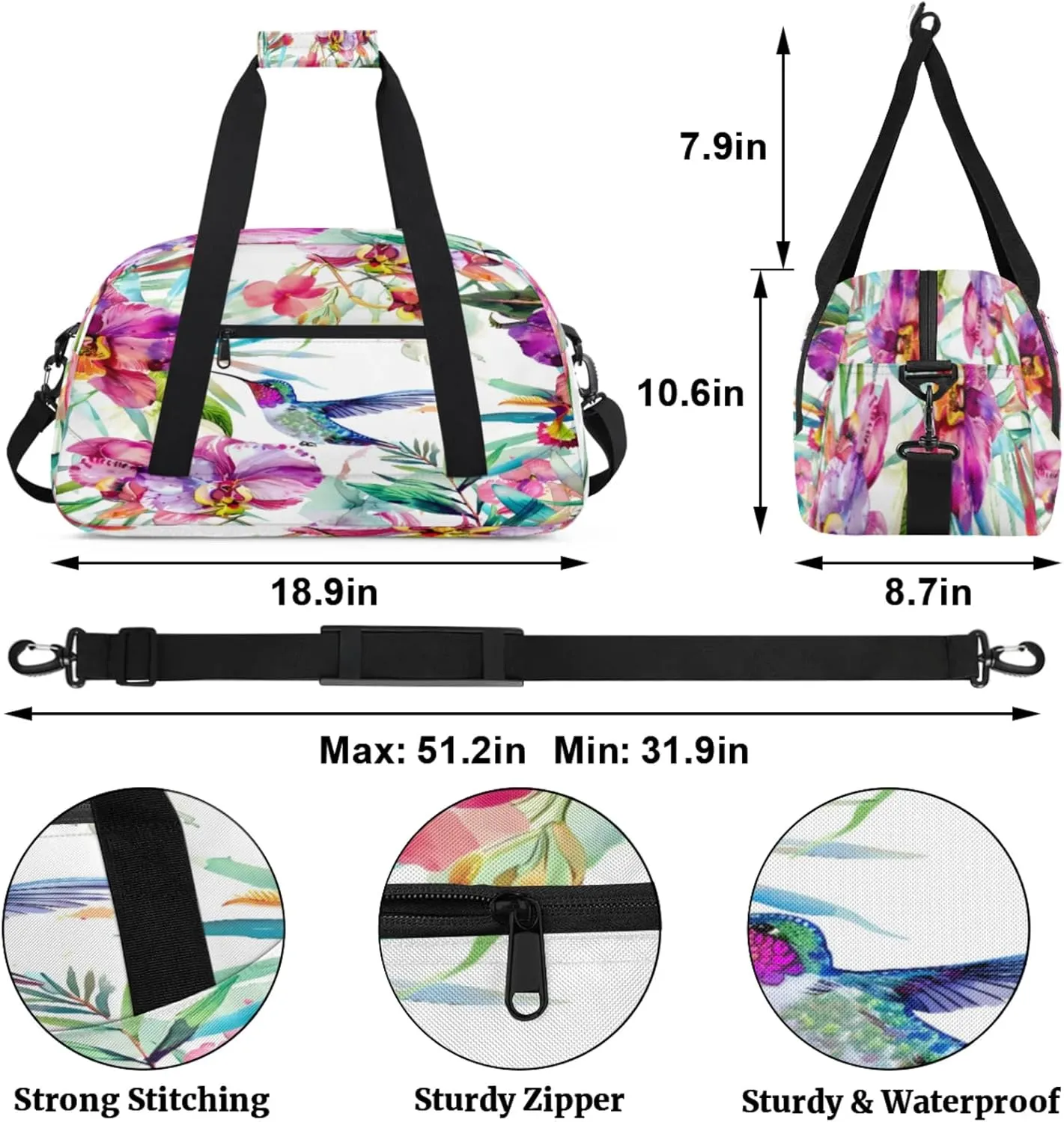 Floral Hummingbird Gym Bag for Women Men, Sports Travel Duffel Bag Lightweight Workout Bag Carry On Overnight Weekender Bag