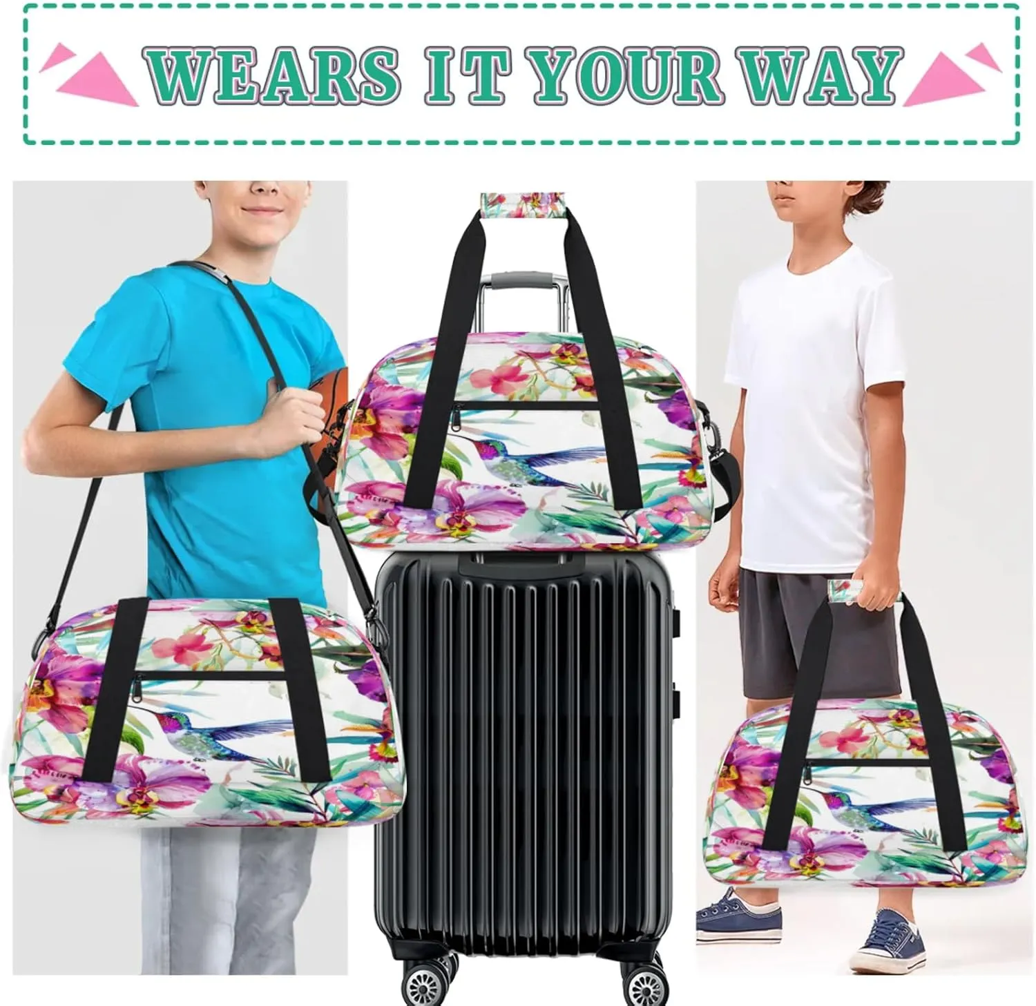 Floral Hummingbird Gym Bag for Women Men, Sports Travel Duffel Bag Lightweight Workout Bag Carry On Overnight Weekender Bag