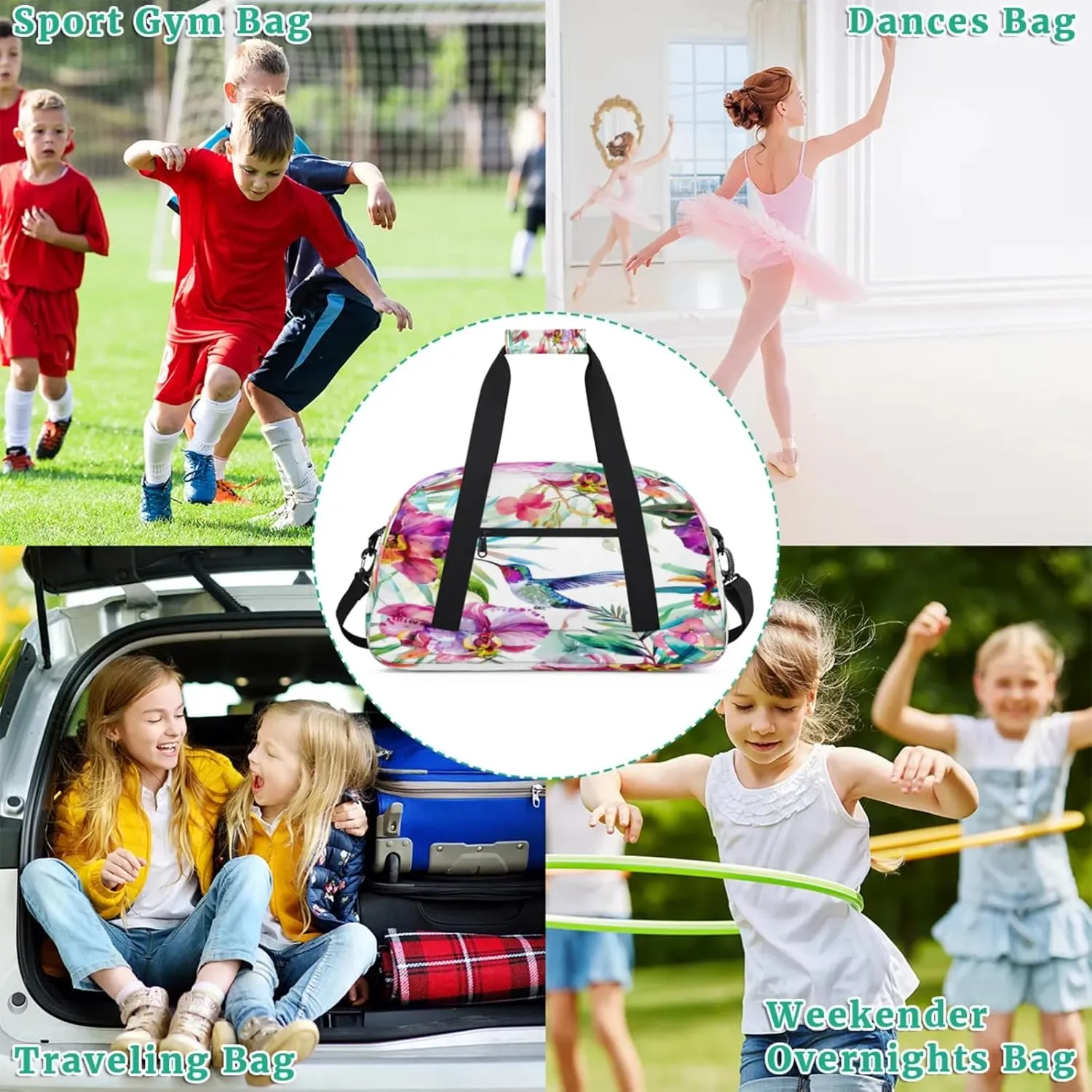 Floral Hummingbird Gym Bag for Women Men, Sports Travel Duffel Bag Lightweight Workout Bag Carry On Overnight Weekender Bag