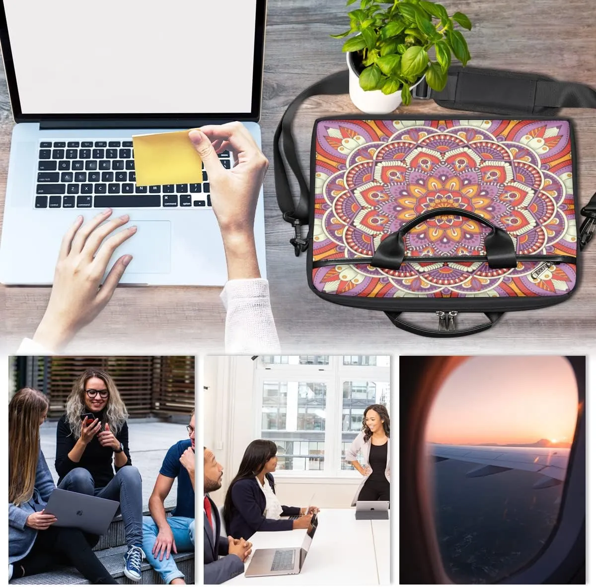 Floral Mandala Laptop Bag for Men Women 13-15 Inch Case Bags Sleeve Shoulder with Anti Slip Removable The Pad Straps(15x1x11inches)