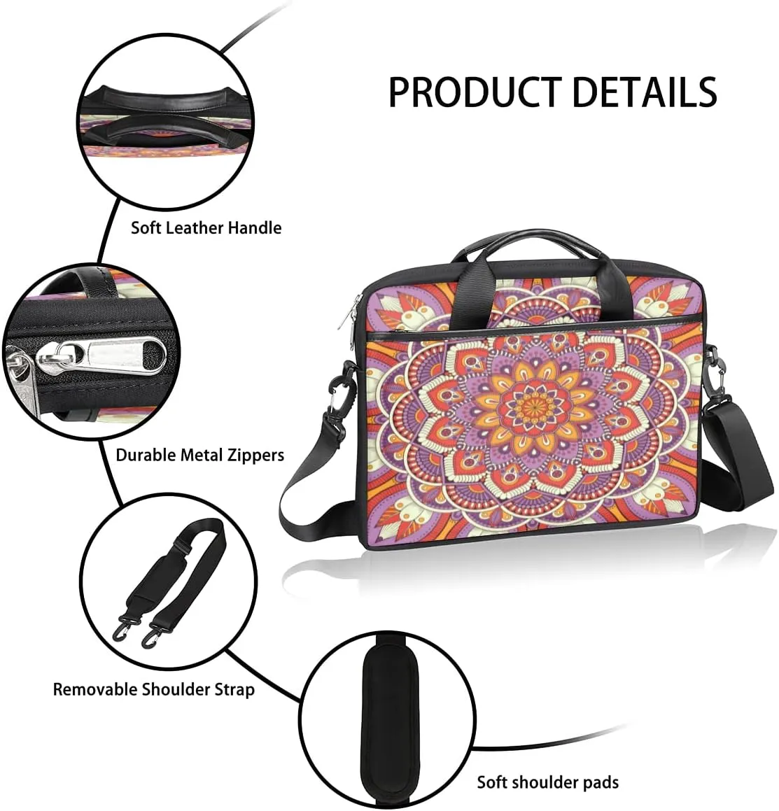 Floral Mandala Laptop Bag for Men Women 13-15 Inch Case Bags Sleeve Shoulder with Anti Slip Removable The Pad Straps(15x1x11inches)