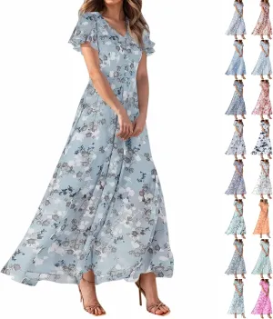 Floral Maxi Dresses for Women 2025 Summer Modest Flutter Sleeve Long Flowy Dresses V Neck Chiffon Garden Party Dress