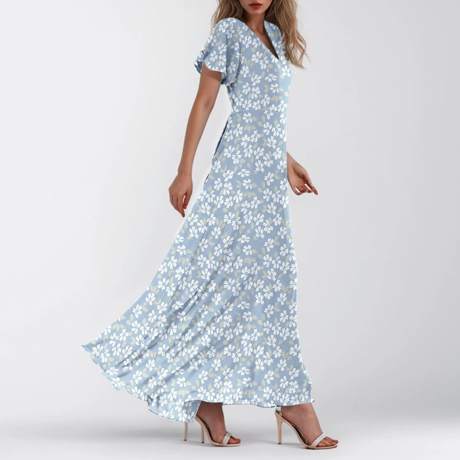 Floral Maxi Dresses for Women 2025 Summer Modest Flutter Sleeve Long Flowy Dresses V Neck Chiffon Garden Party Dress