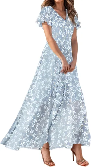 Floral Maxi Dresses for Women 2025 Summer Modest Flutter Sleeve Long Flowy Dresses V Neck Chiffon Garden Party Dress