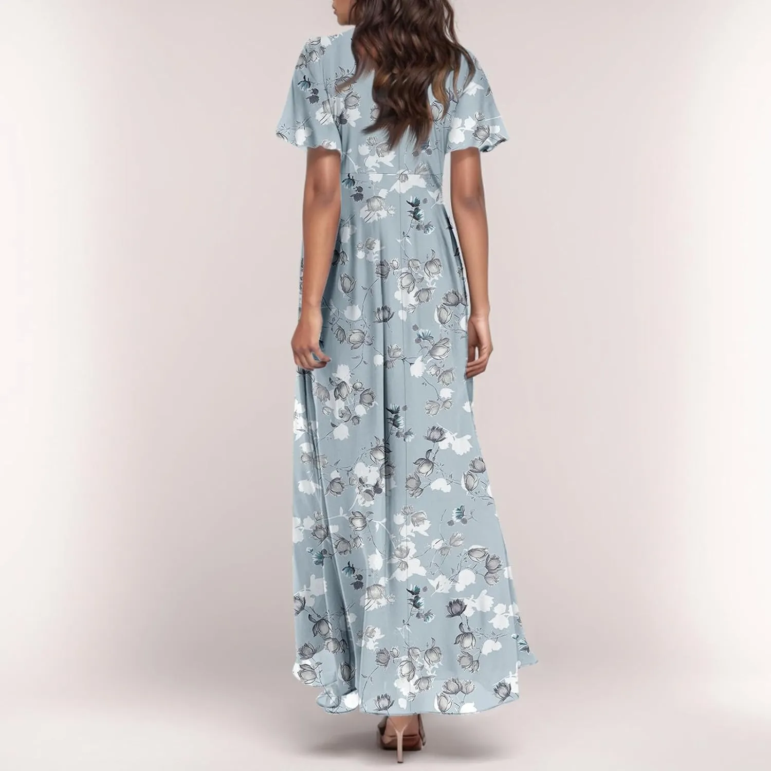 Floral Maxi Dresses for Women 2025 Summer Modest Flutter Sleeve Long Flowy Dresses V Neck Chiffon Garden Party Dress