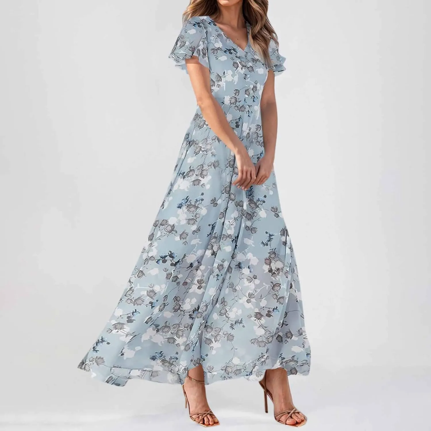 Floral Maxi Dresses for Women 2025 Summer Modest Flutter Sleeve Long Flowy Dresses V Neck Chiffon Garden Party Dress