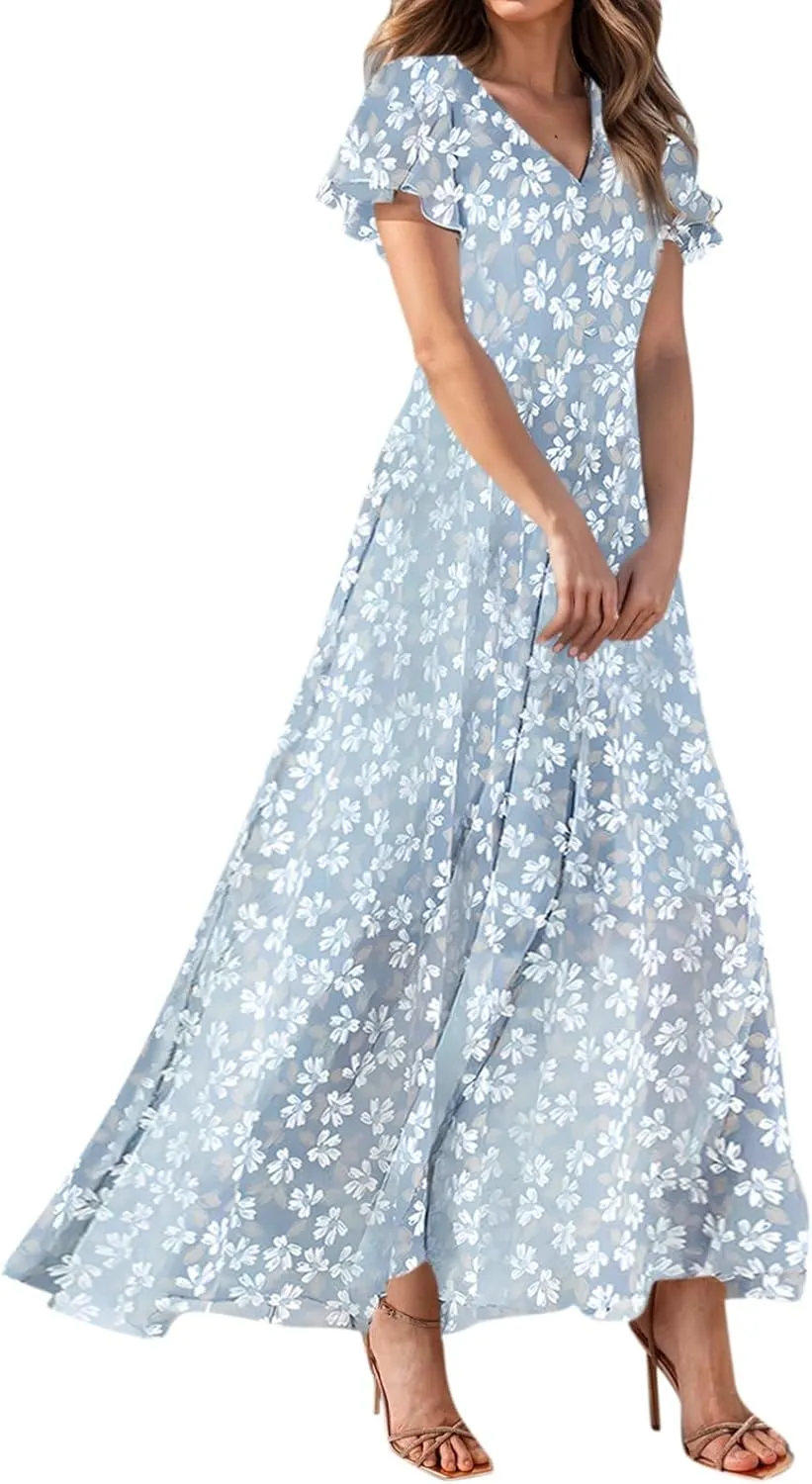 Floral Maxi Dresses for Women 2025 Summer Modest Flutter Sleeve Long Flowy Dresses V Neck Chiffon Garden Party Dress