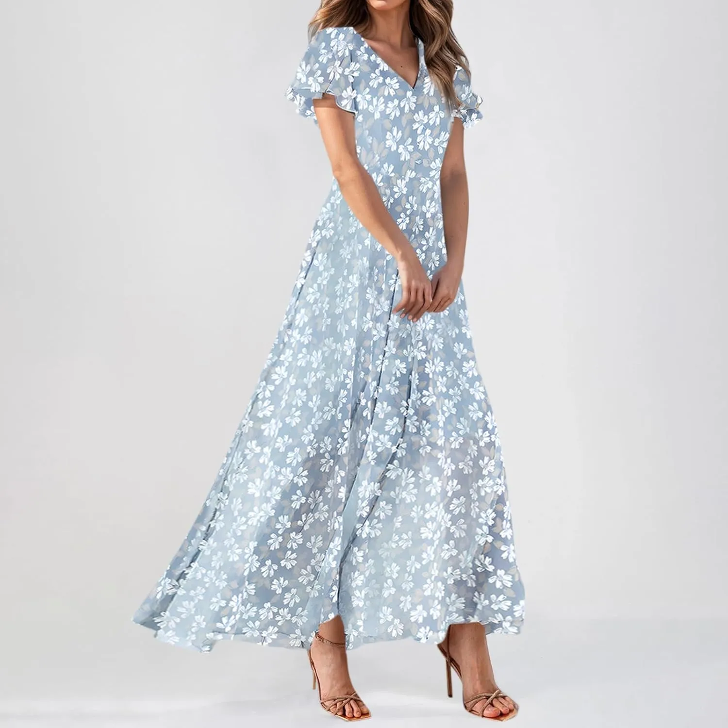Floral Maxi Dresses for Women 2025 Summer Modest Flutter Sleeve Long Flowy Dresses V Neck Chiffon Garden Party Dress