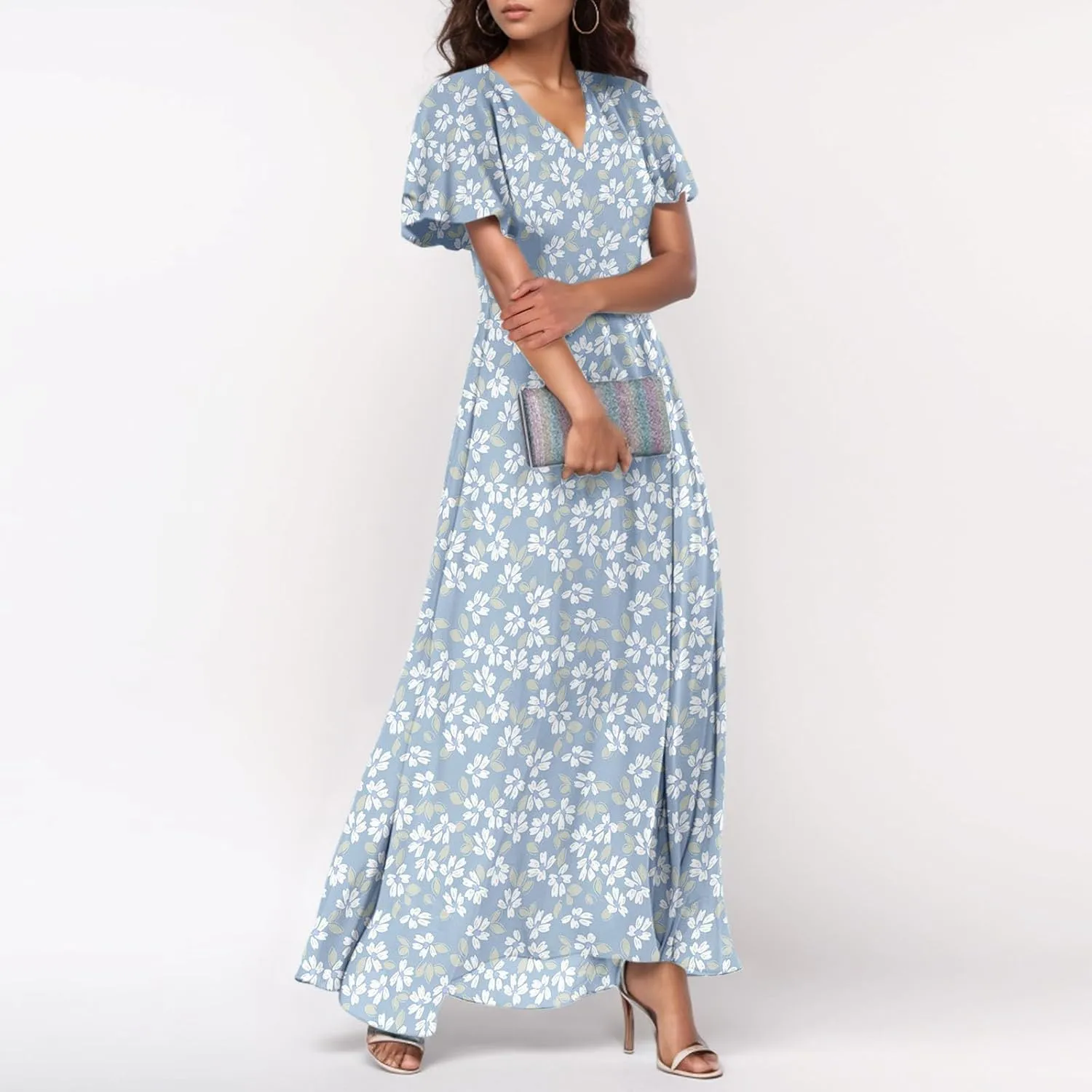 Floral Maxi Dresses for Women 2025 Summer Modest Flutter Sleeve Long Flowy Dresses V Neck Chiffon Garden Party Dress