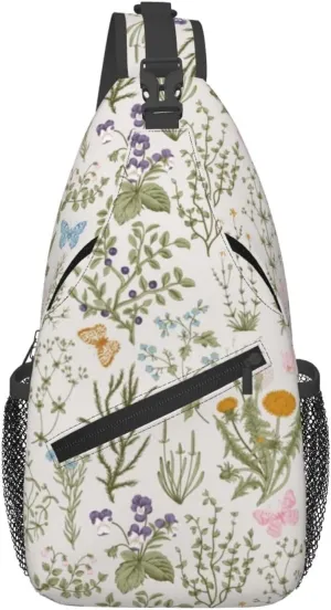 Floral Plant Sling Bag for Women Men Vintage Garden Plants with Herbs Wildflowers Butterfly Botanical Design Crossbody Chest Shoulder Bag Retro Floral Pattern Backpack Travel Hiking Daypack