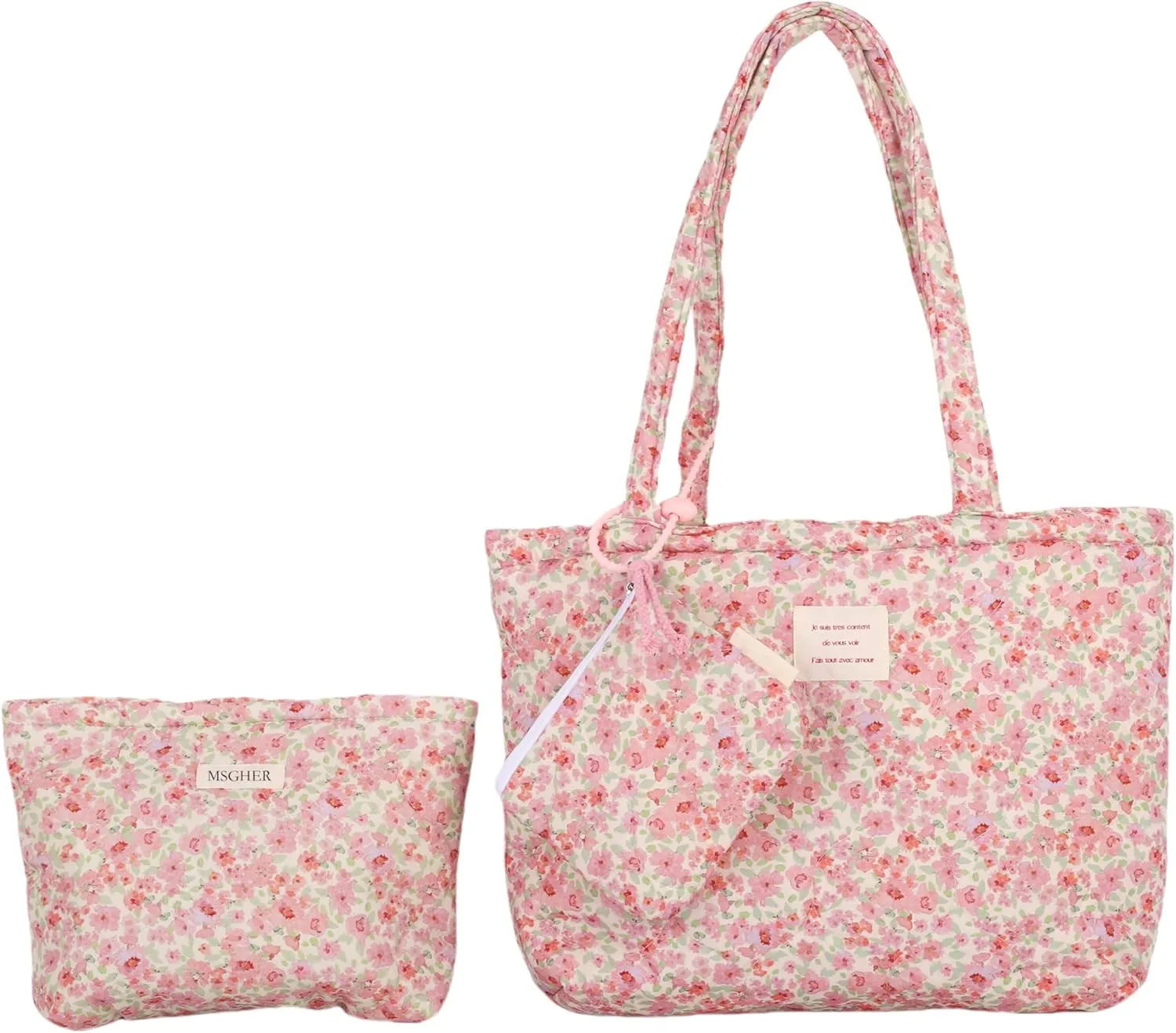 Floral Quilted 3-in-1 Bag Set for Wome Cotton Large Shoulder Tote with Medium Cosmetic Bag Mini Organizer Pouch A039