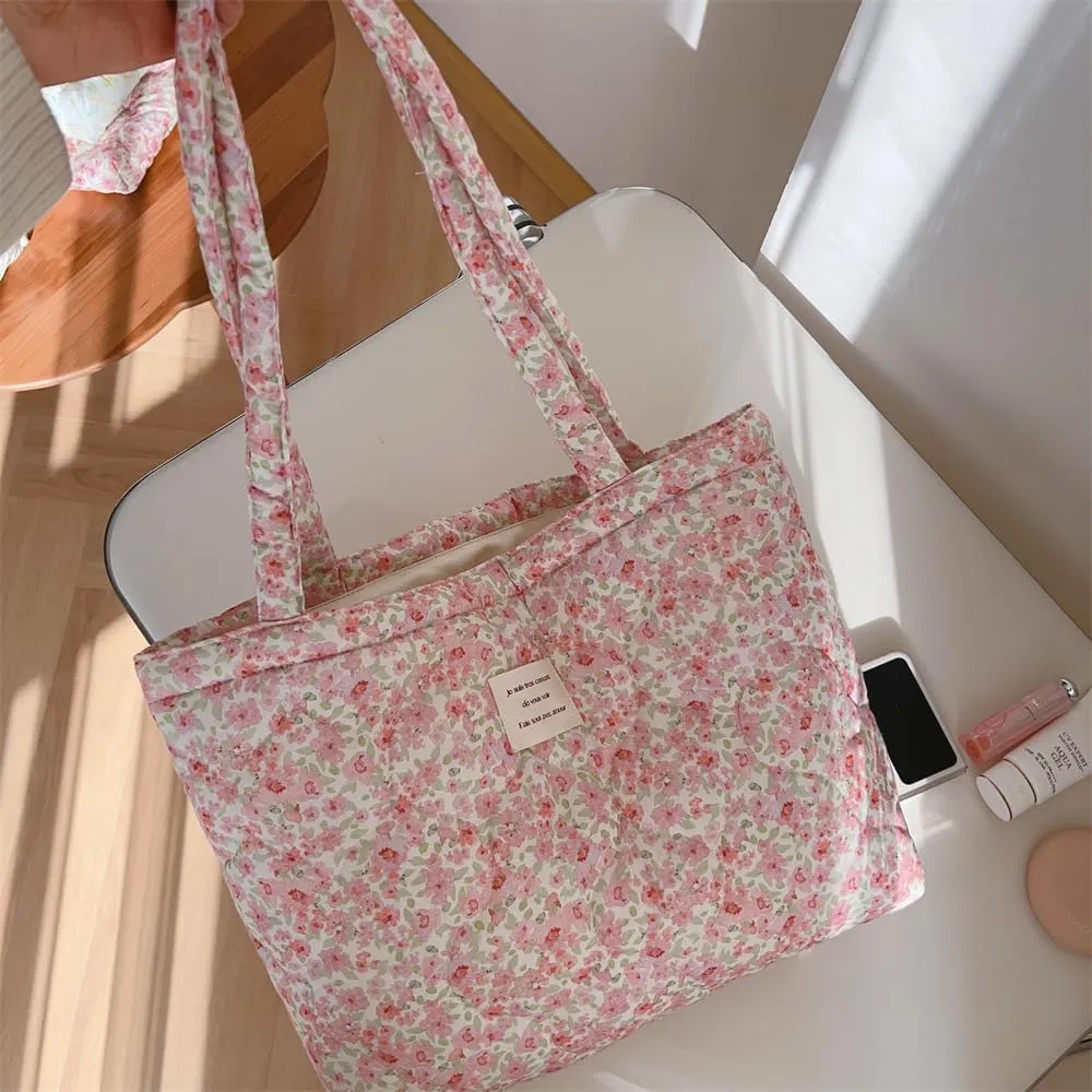 Floral Quilted 3-in-1 Bag Set for Wome Cotton Large Shoulder Tote with Medium Cosmetic Bag Mini Organizer Pouch A039