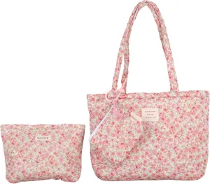 Floral Quilted 3-in-1 Bag Set for Wome Cotton Large Shoulder Tote with Medium Cosmetic Bag Mini Organizer Pouch A039